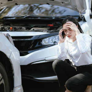 Lady making a call near an accidental car, tied to Cambridge, MD post-accident actions.