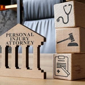 Personal injury attorney symbol with legal and medical icons on wooden blocks