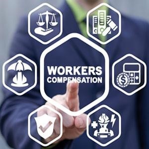 Lawyer touching virtual screen with workers compensation and justice icons