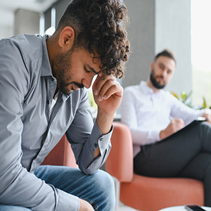 Man showing signs of stress and anxiety during a counseling session after a serious accident.